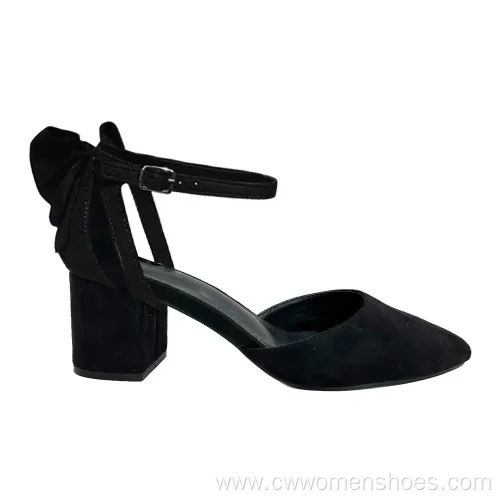 Black Microfiber Pointed Toe Ankle Strap Chunky Heels for Women